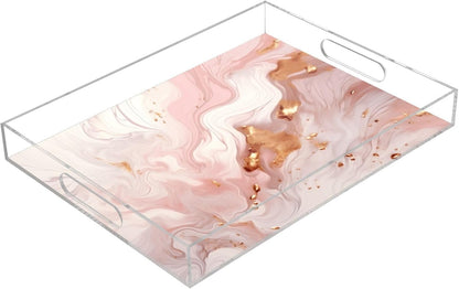 Abstract Marble Golden Pink Serving Tray Acrylic Decorative Trays 16" x 12" Serving Platter with Handles for Coffee Table, Dessert Party, Bathroom Vanity Countertop