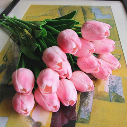 Artificial PU Tulips 10Pcs Real Touch Fake Flower Arrangement Bouquets for Home Office Wedding Decoration (Pink)
