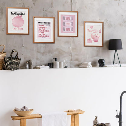 ETVISO Funny Pink Girls Peach Bathroom Decor Wall Art Posters Set of 4, Funny Pink Cute Shower Karaoke Ticket Guest Check Wall Decor for Girls Bathroom Washroom Restroom Toilet, 8x10 Inch (Unframed)