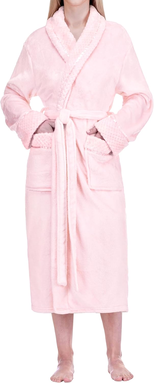 PAVILIA Women’s Plush Fleece Robe, Soft Cozy Long Bathrobe with Satin Waffle Trim, Warm Lightweight, Pockets & Tie Belt