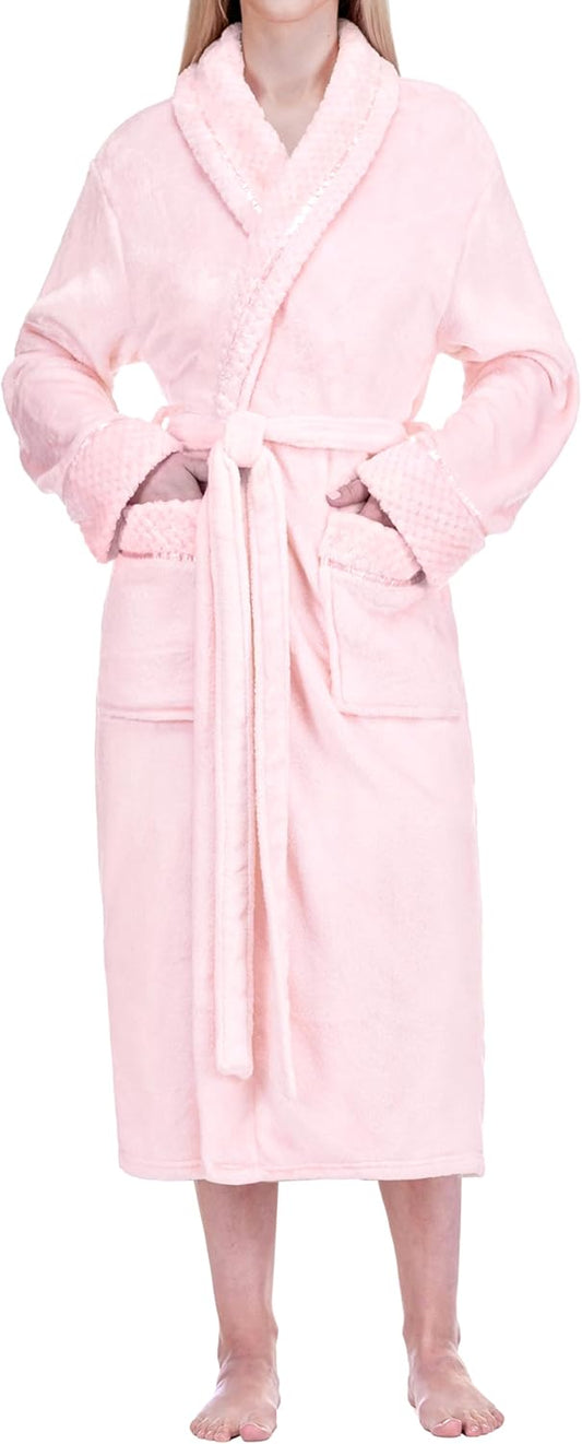 PAVILIA Women’s Plush Fleece Robe, Soft Cozy Long Bathrobe with Satin Waffle Trim, Warm Lightweight, Pockets & Tie Belt
