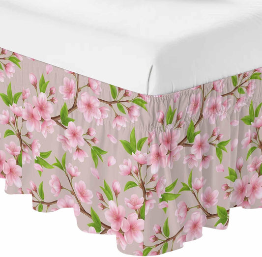 Pink Peach Flowers Bed Skirt Queen Size 16 Inch Drop, Adjustable Elastic Bedskirt Dust Ruffle for Queen Bed, Spring Botanical Watercolor Floral Brown Wrap Around Bed Skirts Pleated Bed Frame Cover