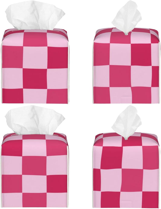PU Leather Tissue Box Cover 5.2"X5.2"X5.2", Pink Checkerboard Tissue Box Holder Decorative for Bathroom, Home Office Car Decor