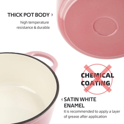 6 Quart Dutch Oven Enameled Cast Iron with Lid - Big Dual Handles - Oven Safe up to 500°F - Classic Round Pot for Versatile Cooking Pink