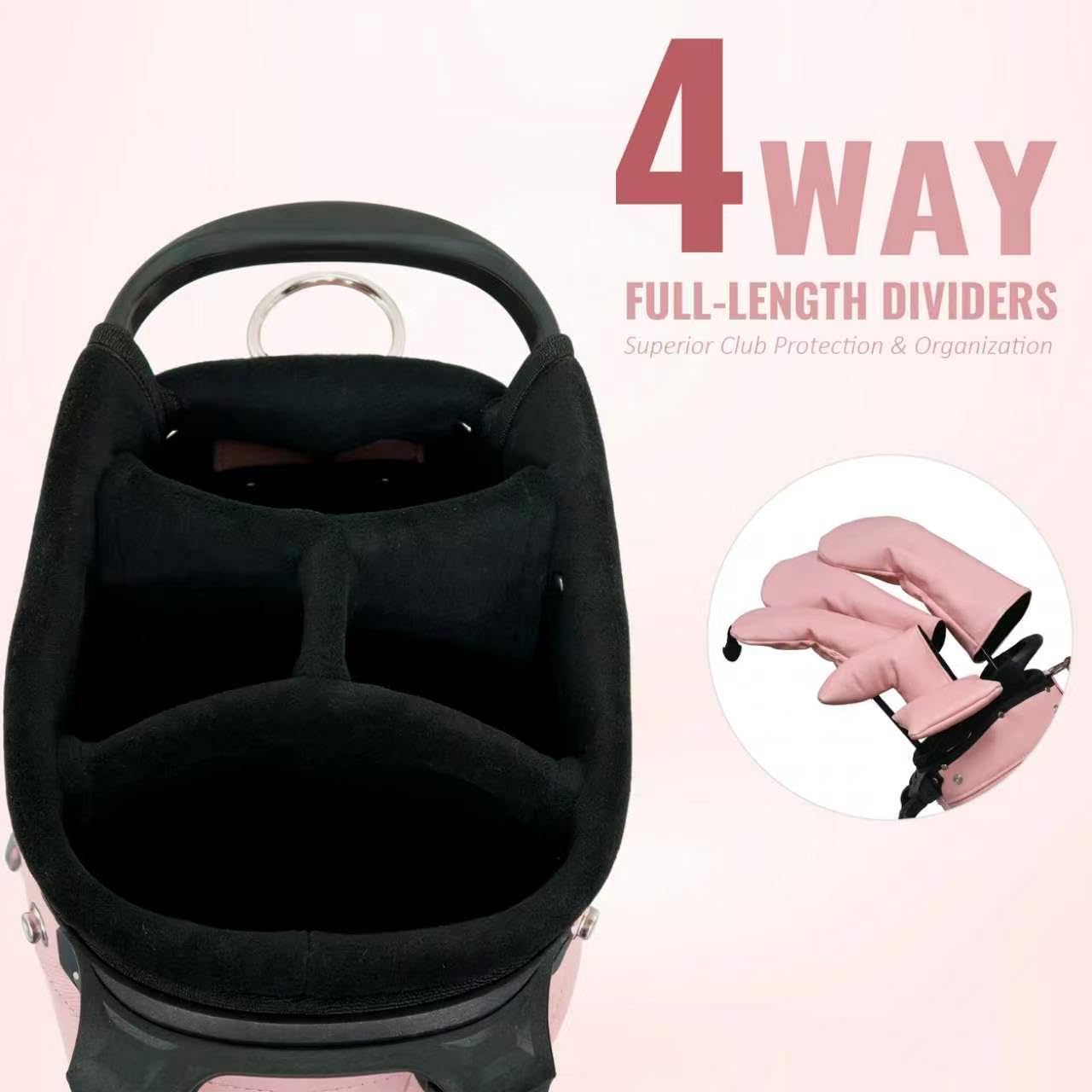 4-Way Full-Length Dividers Golf Bag Lightweight Waterproof PU Leather Single Lady Golf Stand Bag Women/Men, Pink and White