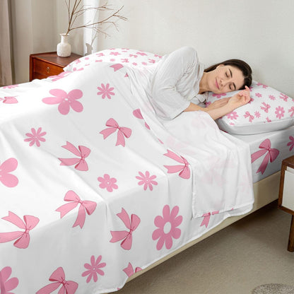 Feelyou Cute Bow Bed Sheets Sets Queen Size Kids Boys Girls Kawaii Flower Floral Bedding Set Pink Bed Sheet Set with 16-Inch Deep Pockets 4Pcs with 2 Pillow Cases