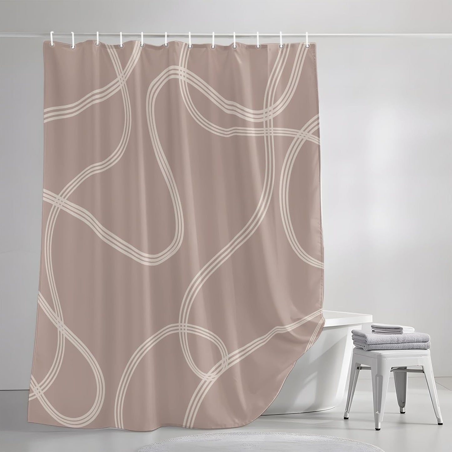 Minimalist Wavy Lines Shower Curtain for Bathroom Abstract Modern Artistic Pink Cream Fabric Shower Curtain Liner Waterproof Cloth Bath Curtains Set 12 Hooks 48 * 72IN