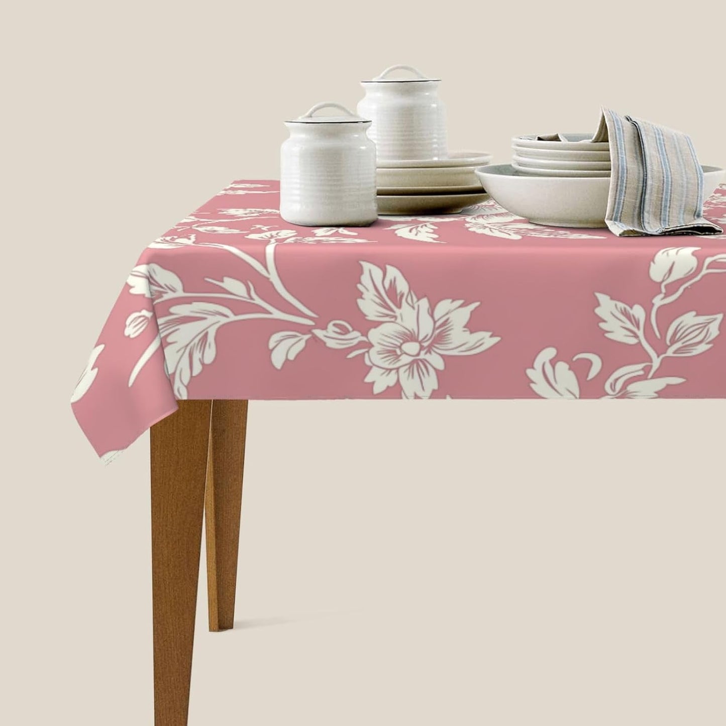 Minimalistic Pink Floral Pattern Rectangle Tablecloth, French Country Style Victorian Drop Shapes Table Cloth Dining Table Cover for Kitchen Restaurant Party Buffet Picnic, 52x70 Inch