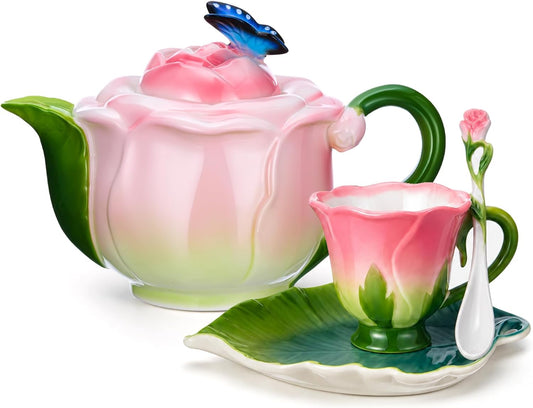 Rose Flower Teapot and Cup Set – 22oz Ceramic Decorative Teapot & 6.8oz Cup with Saucer & Spoon for Women, Pink Hand Painted Vintage Floral Teaware Coffee Mug Gift for Teacher Birthday Wedding