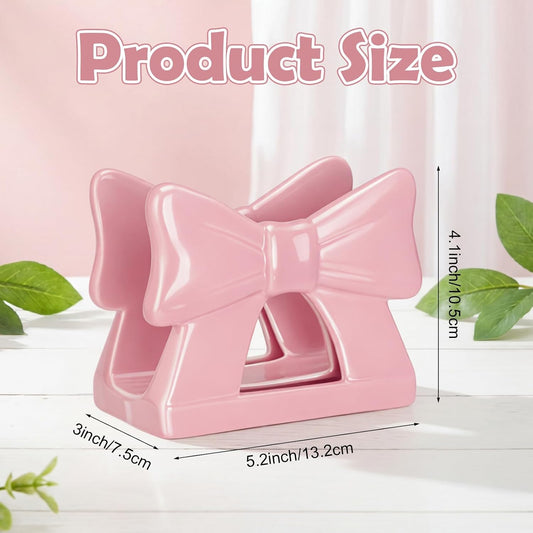 Remerry Pink Bow Napkin Holder for Table Cute Coquette Kitchen Napkin Holder Pink Bow Ceramic Upright Tissue Dispenser Coquette Kitchen Decoration Gifts for Home Baby Shower Bridal Shower