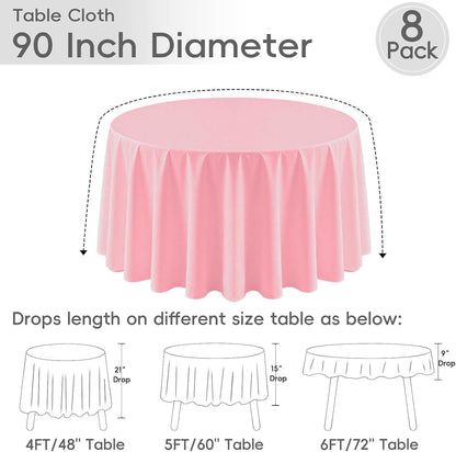 8 Pack Pink Round Tablecloth 90 Inch Pink Table Cloth for Round Tables,Washable Polyester Fabric Stain and Wrinkle Resistant Decorative for Summer Wedding Party Dining Banquet