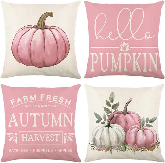 Pink Pumpkin Pillow Covers 20x20 Inch Set of 4 Hello Pumpkin Indoor Outdoor Decorative Throw Pillow Cover Farmhouse Autumn Pillow Case Thanksgiving Harvest Bedroom Sofa Cushion Couch Decor