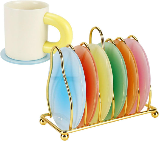 Acrylic Coaster, 6 Pcs Drink Coasters Colorful Round Coaster Set with Metal Holder Stand, Heat Resistant Anti Slip Table Coasters for Table Bar Desk Home Decor in Blue Red Yellow Green Orange Pink