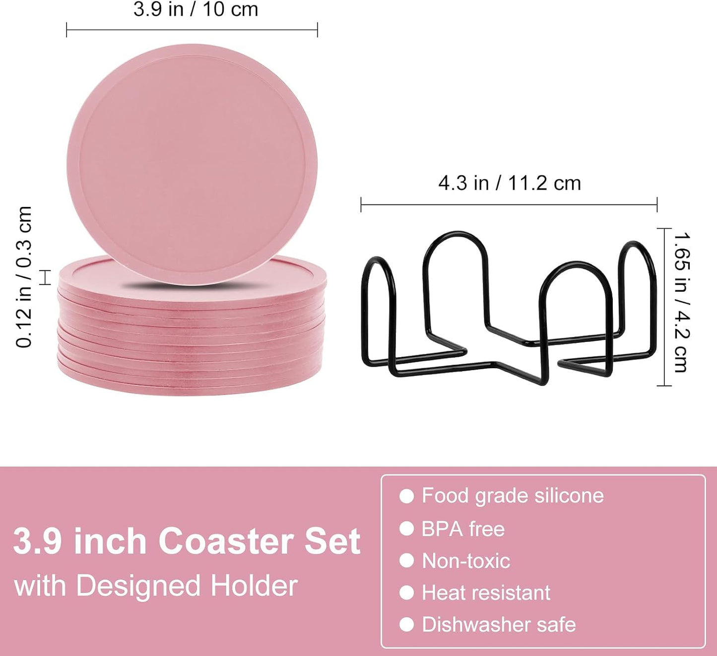 Silicone Coasters Set of 12 with Holder,Heat Resistant Cup Mat Tabletop Protection,Coasters Set for Outdoor & Indoor Drinks - Anti Stain & Heat Resistant,Washable, Heat Resistant, Non-Slip(Pink)