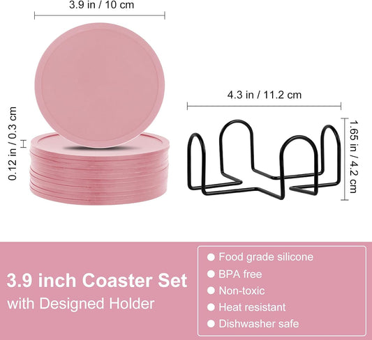 Silicone Coasters Set of 12 with Holder,Heat Resistant Cup Mat Tabletop Protection,Coasters Set for Outdoor & Indoor Drinks - Anti Stain & Heat Resistant,Washable, Heat Resistant, Non-Slip(Pink)