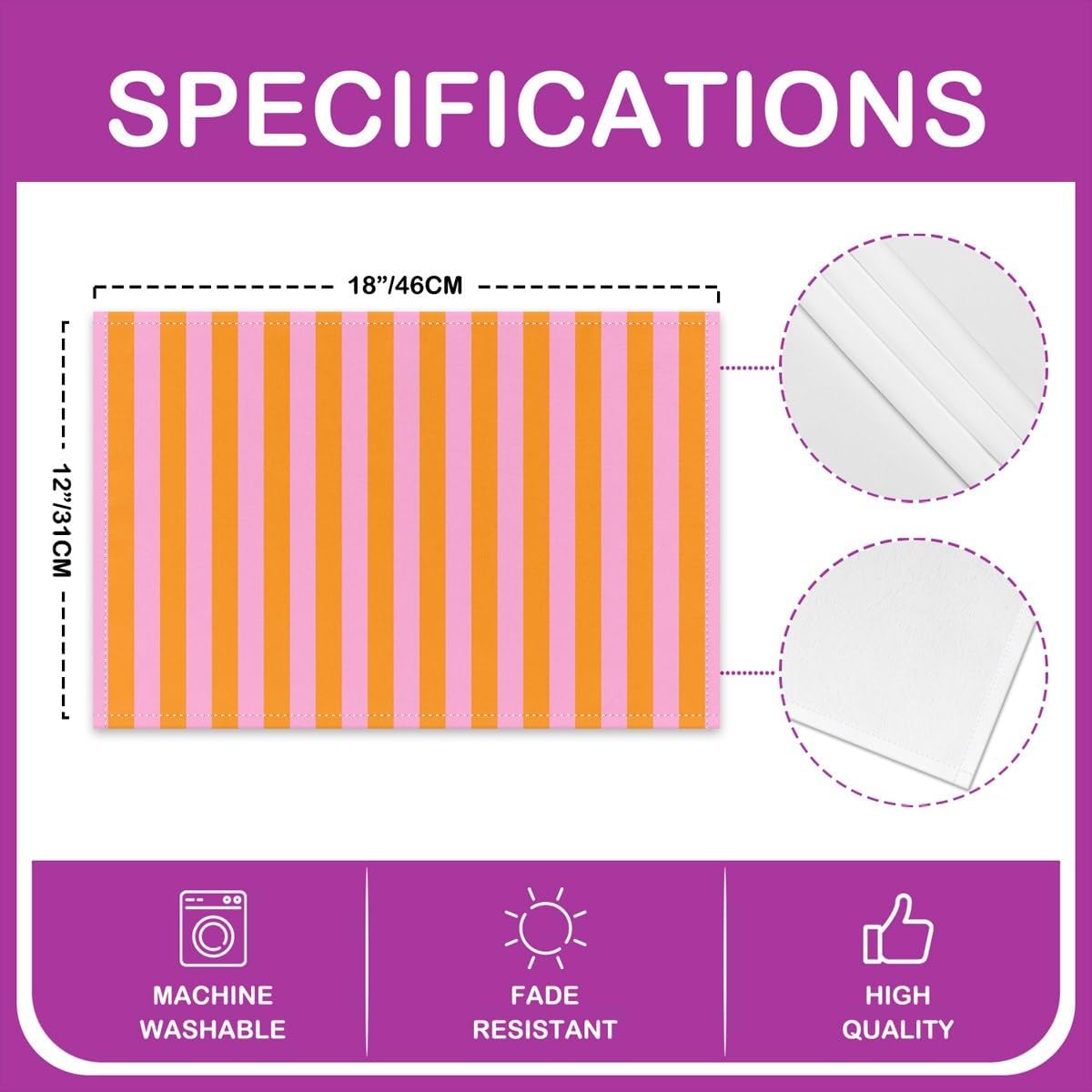 Kids Pink Orange Placemats Set of 4, Abstract Place Mat for Kitchen Dining Table Party Decor Indoor Outdoor 18"x12" Non-Slip Easy to Clean Stripes Table Mats Soft Women Men Geometric