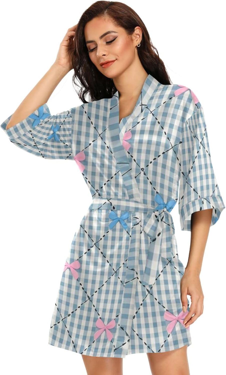 Pink Blue Bow Check Womans Bathrobes Classic Woman's Night Shirts for College Dorm