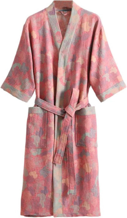 Women's 100% Cotton Printed Bathrobe Soft Double-layer Gauze Lightweight Midi Sleepwear Shower Kimono Robe