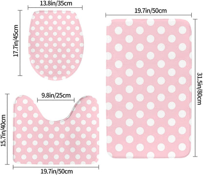 Bathroom Rugs Sets 3 Piece - Light Pink Polka Dot Print Absorbent Non Slip Washable Bath Mats, U-Shape Toilet Lid Cover, Contour Mat, Soft Shower Mats Bath Rug Mat for Bathroom Tub Toilet