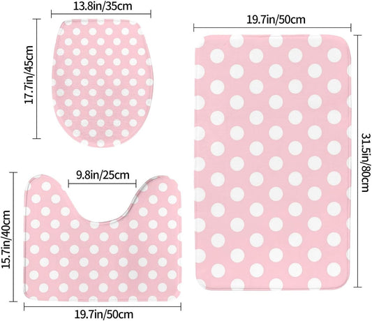 Bathroom Rugs Sets 3 Piece - Light Pink Polka Dot Print Absorbent Non Slip Washable Bath Mats, U-Shape Toilet Lid Cover, Contour Mat, Soft Shower Mats Bath Rug Mat for Bathroom Tub Toilet