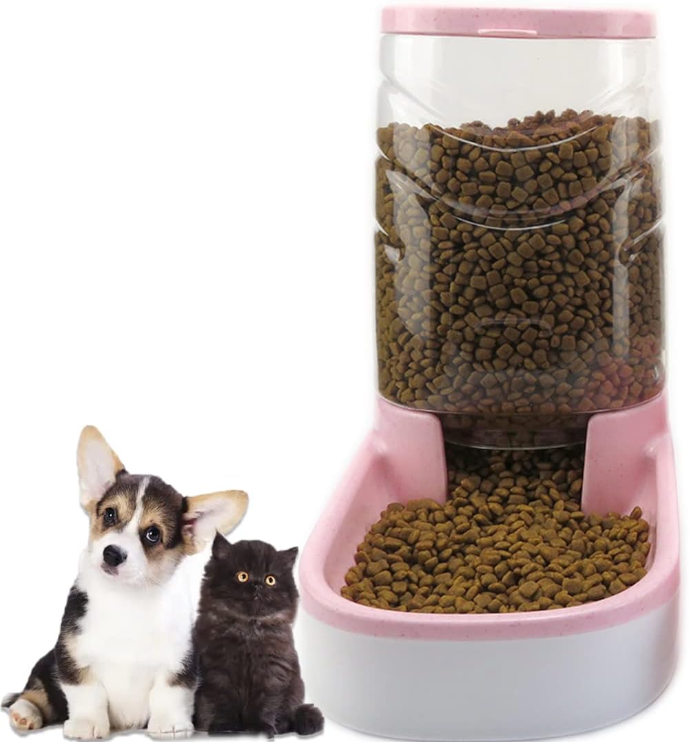 Automatic Cat Feeder Gravity Dog Feeder 1 Gallon Pet Feeder, Self-Dispensing Pet Feeder Bowl for Small and Medium Sized Pets Large Capacity (Pink)
