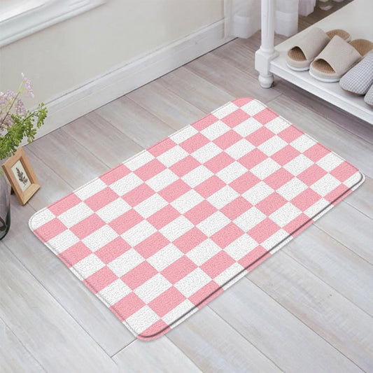 Checkered Bath Mat Bathroom Rug Pink White Cute Checkboard Vintage Geometric Modern Minimalist Groovy Bright Memory Foam Soft Floor Rug, 19.8"x31.5"