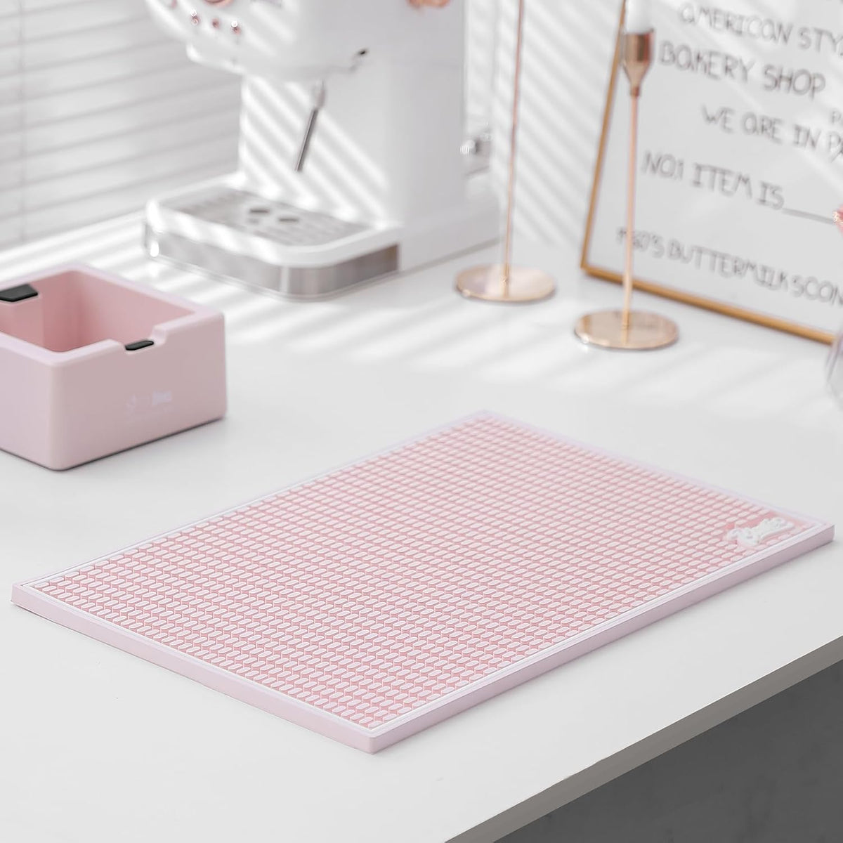 Coffee Bar Mat, 10mm Thick Non-Slip Rubber Bar Drip Tray, Heavy Duty Waterproof Bartender Mat for Countertops, Dishwasher Safe, Easy Clean for Coffee, Beer, Cocktail, Kitchen (Pink, 12*18)
