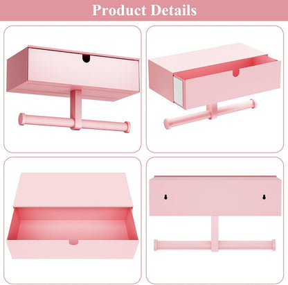 Tindbea Toilet Paper Holder with Storage Double Roll Toilet Paper Holder with Shelf, Tampon Holder for Bathroom Stainless Steel Wall Mounted Wipes Holder Dispenser, Pink