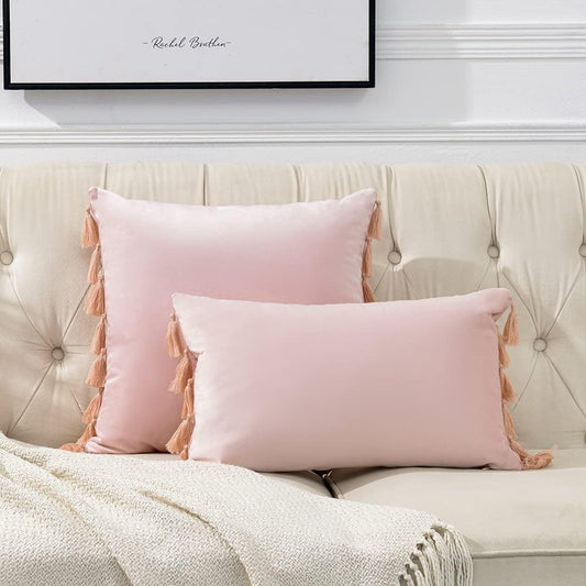 Fancy Homi 2 Pack Blush Pink Lumbar Decorative Throw Pillow Covers 12x20 Inch with Tassels for Living Room Couch Bedroom, Soft Velvet Solid Rectangle Cushion Case 30x50 cm, Boho Home Decor