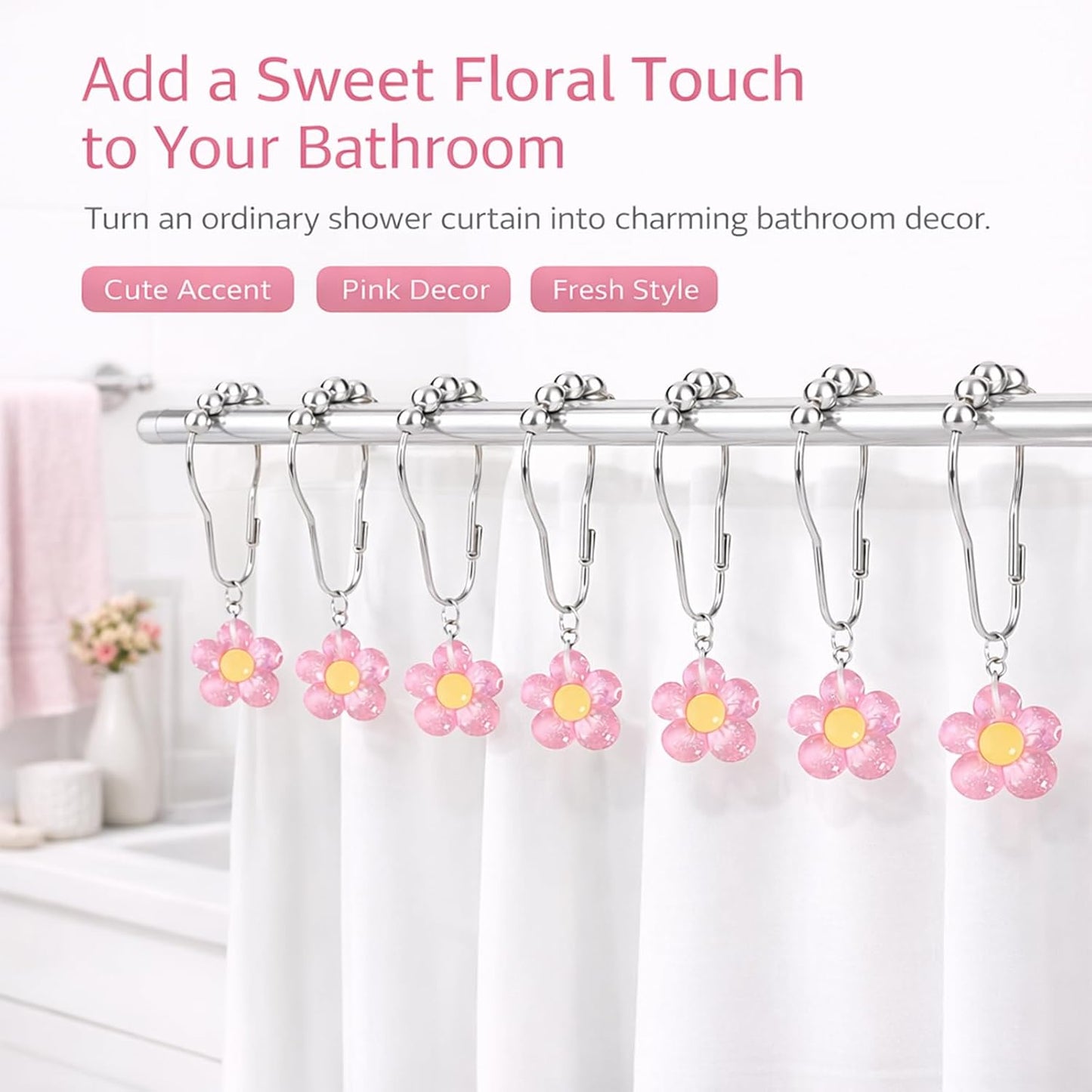 12 Pcs Pink Bow Shower Curtain Hooks, Decorative Shower Curtain Rings Rust Proof, Cute Aesthetic Bathroom Curtain Hooks for Girls, Teens & Women (Light Pink Flower)
