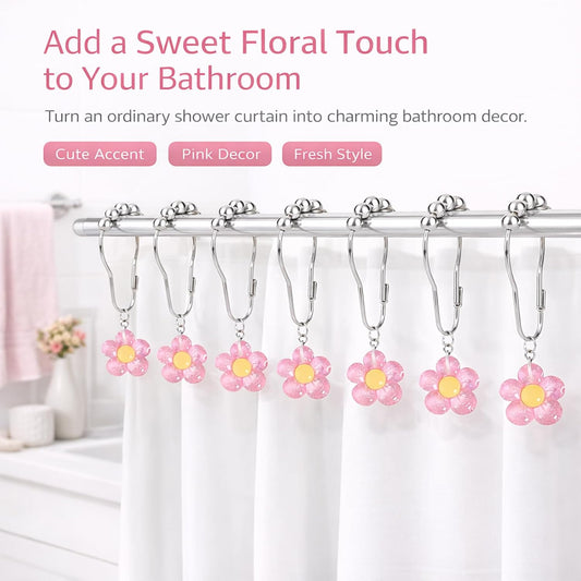 12 Pcs Pink Bow Shower Curtain Hooks, Decorative Shower Curtain Rings Rust Proof, Cute Aesthetic Bathroom Curtain Hooks for Girls, Teens & Women (Light Pink Flower)