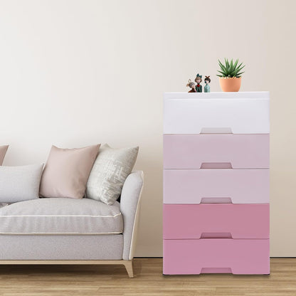 Vertical Dresser Storage Tower,Plastic Drawers Dresser,Storage Cabinet with 5 Drawers,Organizer Unit,Organizer for Bedroom (Gradient Pink 17.1 * 11.4 * 31.5in)