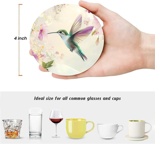 Hummingbirds Flower Coasters Set of 6 for Drinks,Round Absorbent Ceramic Coaster with Metal Holder,Colorful Bird Pink Floral Coasters with Cork Base for Coffee Party Kitchen Home Decor Gifts