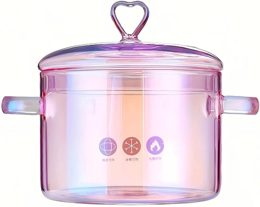 1.5L / 53 fl. oz. Clear Glass Pot with Lid Saucepan Heat Resistant Glass Stove and Pan with Lid Soup, Milk, Baby Food, Pasta (68oz/2000ml pink)