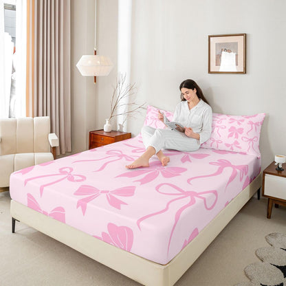 Feelyou Bow Fitted Sheet Queen Size for Kids Boys Girls Cute Bowknot Bed Sheets Set 16" Deep Pocket Soft Breathable Microfiber Pink Peach Bedding with 2 Pillowcases Room Decor