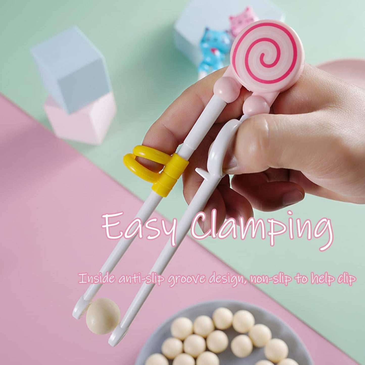 Training Chopsticks Toddler Chopsticks, Cute Animal Shape Easy to Use Learning Reusable Chopsticks Helper With attachable Trainer for Kids Child Baby Adults Beginners, Pink Cat, Dishwasher Safe