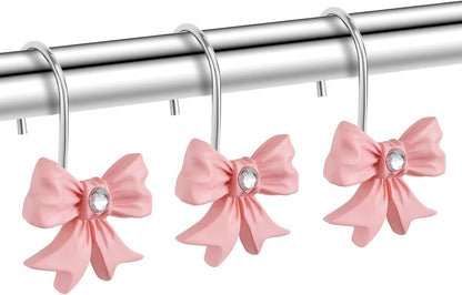 Decorative Shower Curtain Hooks, 12PCS Pink Bow Knot Shower Hooks for Bathroom Curtain Rings Rust Resistant Resin Curtain Hooks