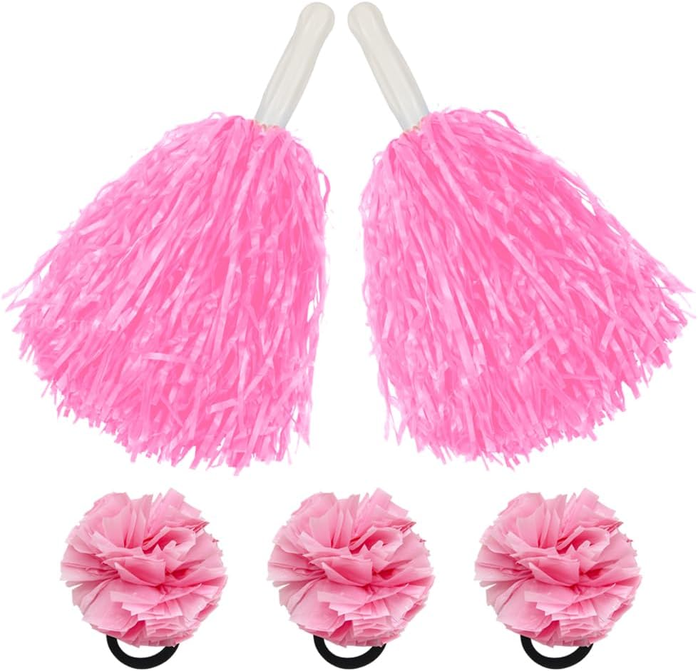 Hooshing 5PCS Pom Poms Cheerleading Shaker and Hair Ropes Wrist Ties with Poms for Cheerleader Girls Sports Spirits Rewards Cheer in Party Festival
