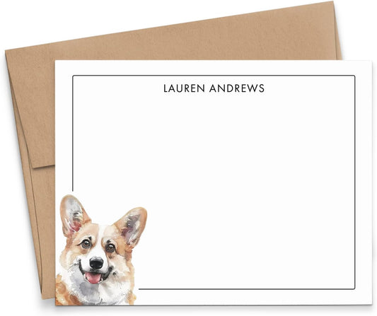 Modern Pink Paper Corgi Notecards and Envelopes, FLAT Dog Stationery Card Watercolor, Custom Corgi Gift for Pet Lovers, Personalized Note Cards with Dogs, Your Choice of Colors and Quantity