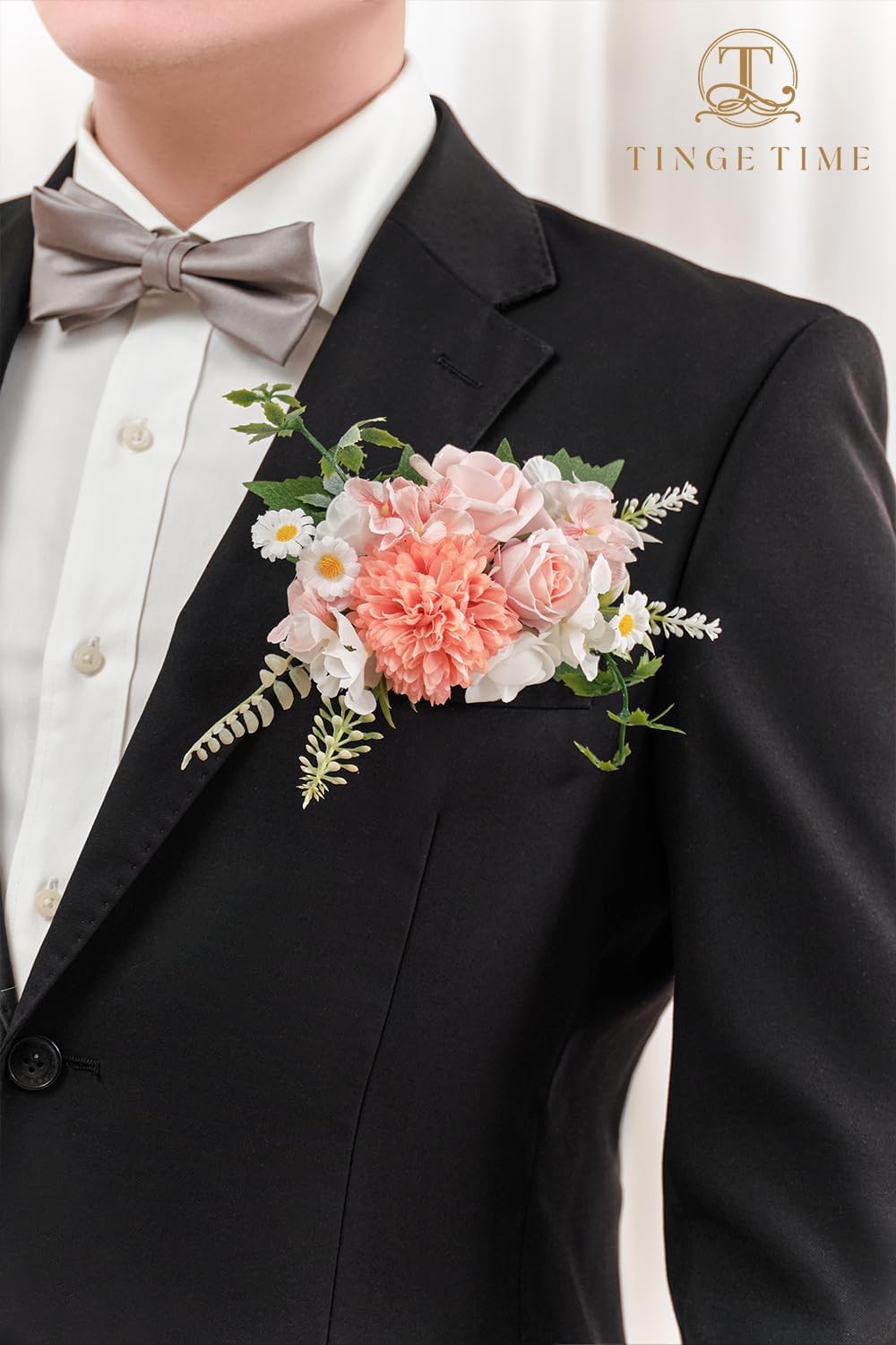 TingeTime Single Pocket Boutonniere for Man Groom, Best Man Boutonniere for Wedding Ceremony Anniversary, Formal Dinner Party and Rustic Spring Wedding Marriage(PeachPink&White)