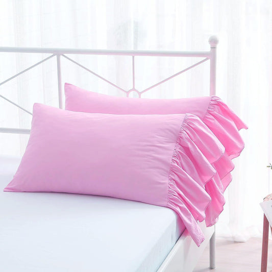 2-Pack Pink Pillow Cases Shams Covers with Long Ruffles Mermaid Fishtail Pure Cotton King Size 20"X36" Boudoir