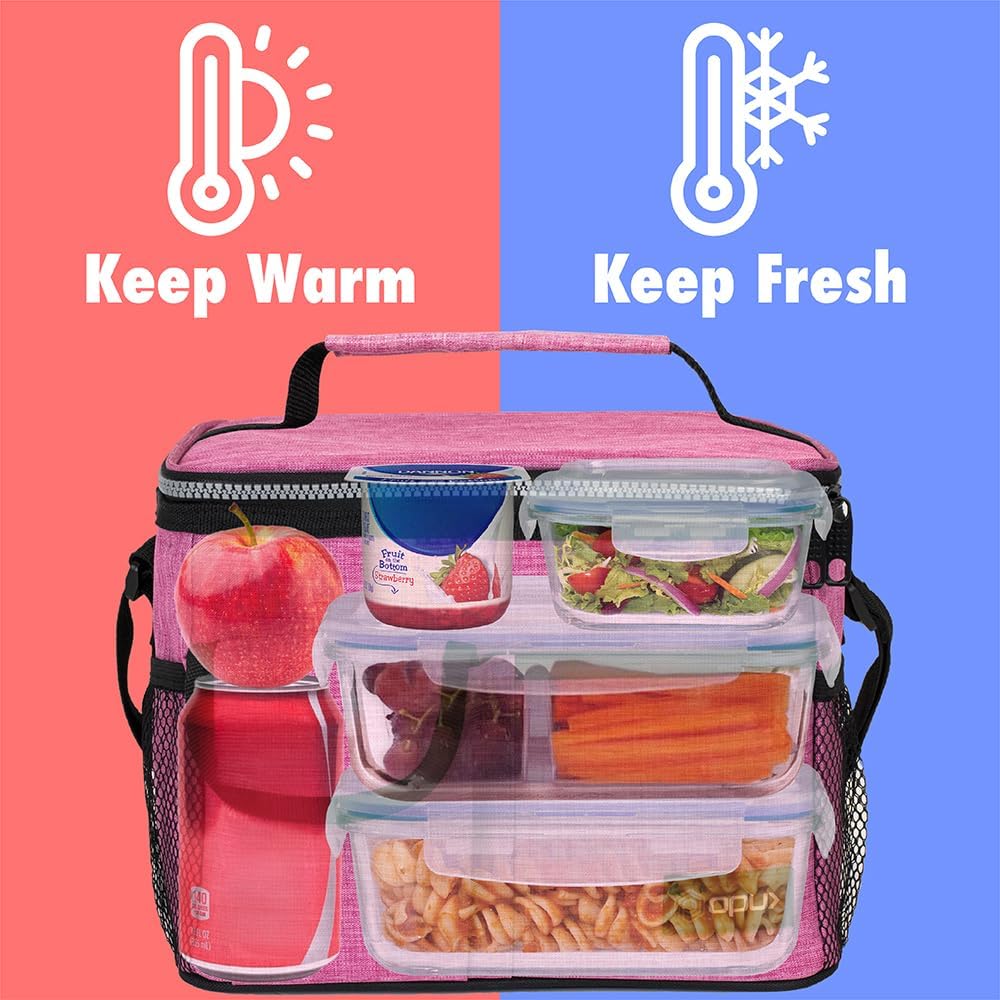 opux Insulated Lunch Box for Men Women Kids, Leakproof Reusable Lunch Bag Cooler for Work School Office, Soft Thermal Lunchbox Tote with Shoulder Strap for Boys Girls Adults, Heather Pink, 14 Can/8L