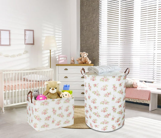 NTAOHAMPER Rectangular Pink Flower Basket for Girls, Storage Bin with Handles, Room Decor, Gift Basket(Pink Flower)