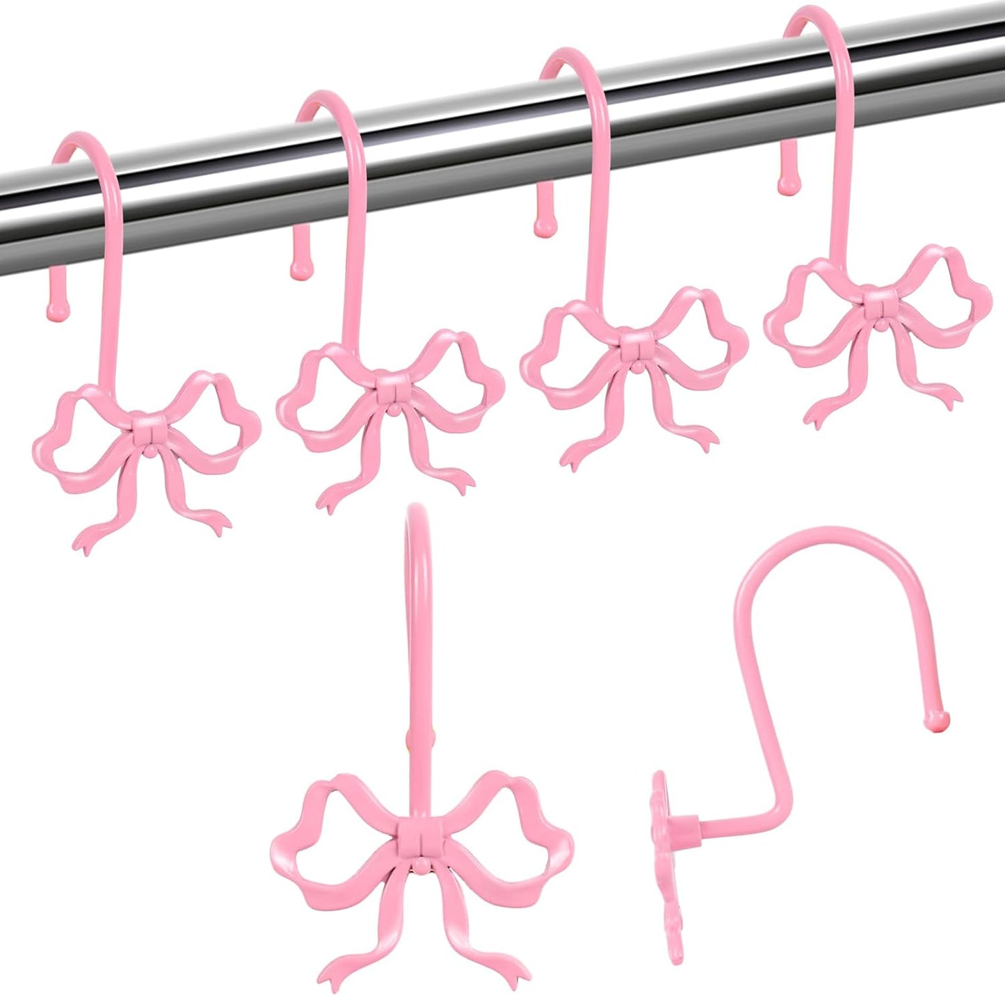 Whaline 12Pcs Pink Bow Shower Curtain Hooks Shower Rings Bow Knot Metal Curtain Hanger Hooks for Home Nursery Living Room Bedroom Bathroom Decor