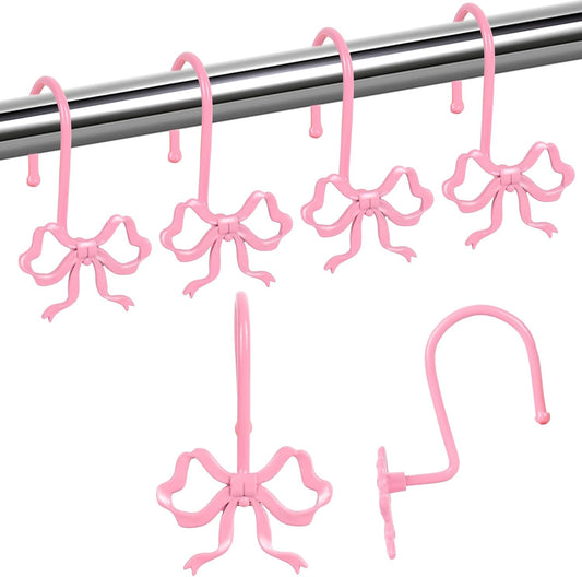 Whaline 12Pcs Pink Bow Shower Curtain Hooks Shower Rings Bow Knot Metal Curtain Hanger Hooks for Home Nursery Living Room Bedroom Bathroom Decor