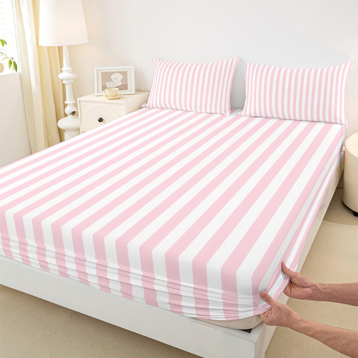 Manfei Striped Sheet Set for Kids Adults Boys Girls,Minimalist Vertical Stripes Fitted Sheet Sets Full 4 Pcs,Modern Style Pink White Fitted + Flat Sheet,2 Pillowcases