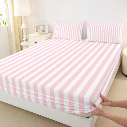 Manfei Striped Sheet Set for Kids Adults Boys Girls,Minimalist Vertical Stripes Fitted Sheet Sets Full 4 Pcs,Modern Style Pink White Fitted + Flat Sheet,2 Pillowcases
