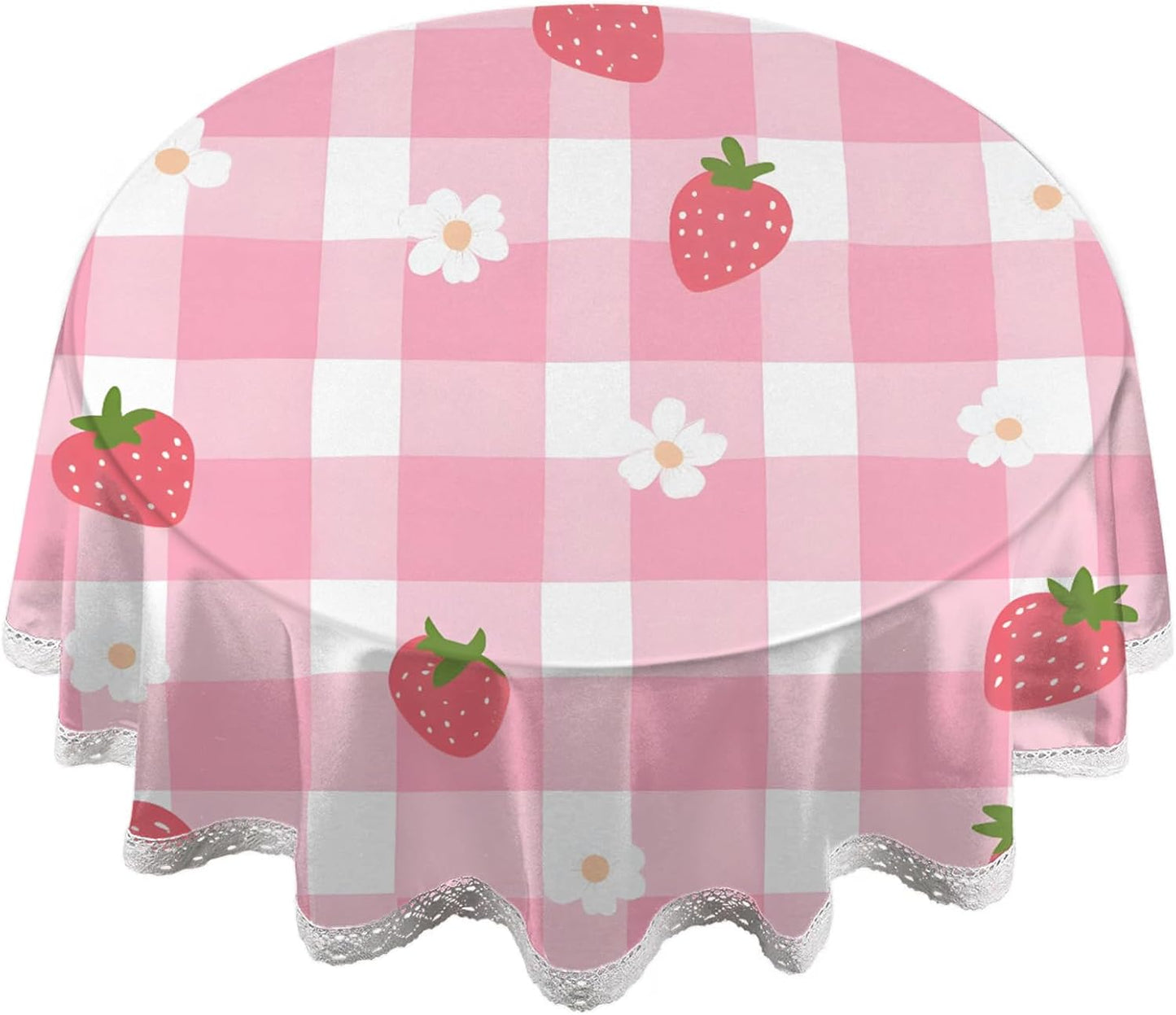 Pink Check Pattern Round Tablecloth 60 Inch Lace Tablecloth Kitchen Restaurant Tabletop Decorative Table Cover