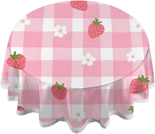 Pink Check Pattern Round Tablecloth 60 Inch Lace Tablecloth Kitchen Restaurant Tabletop Decorative Table Cover