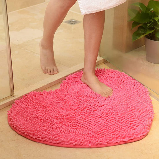 Pink Small Heart Shaped Chenille Bath Mat Soft Absorbent Plush Microfiber Bathroom Rug Non-Slip Machine Washable Shaggy Mats Carpet for Shower, Bedroom, Bathtub, 12"x18"